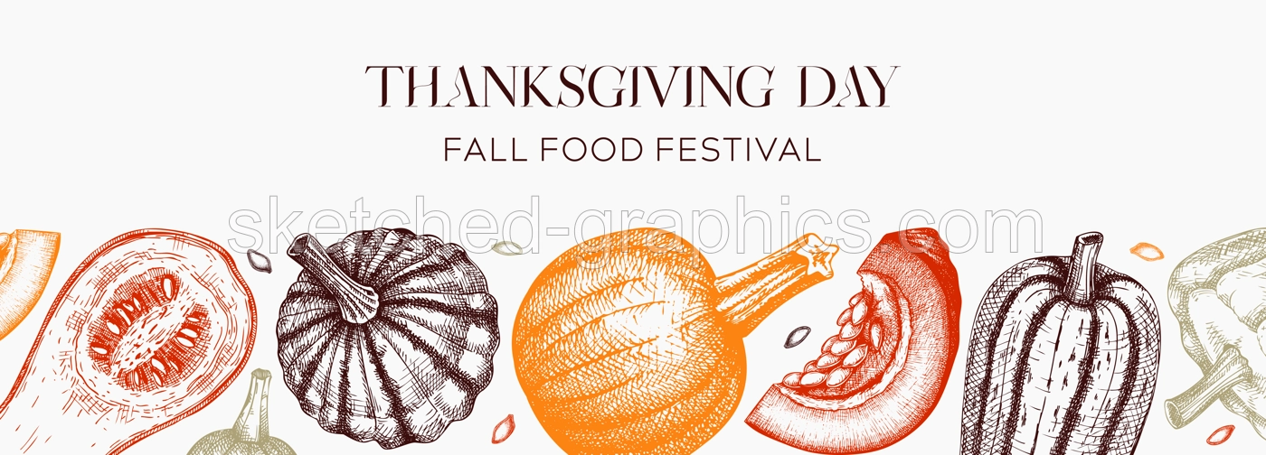 Sketched pumpkins banner in color. Thanksgiving day vintage design. Autumn food drawings. Vector vegetables, butternut squash, marrow, pumpkin sketches. Fall Harvest festival background Illustration